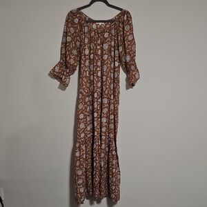 Daughters of India Brown and White Floral Long Sleeve Dress